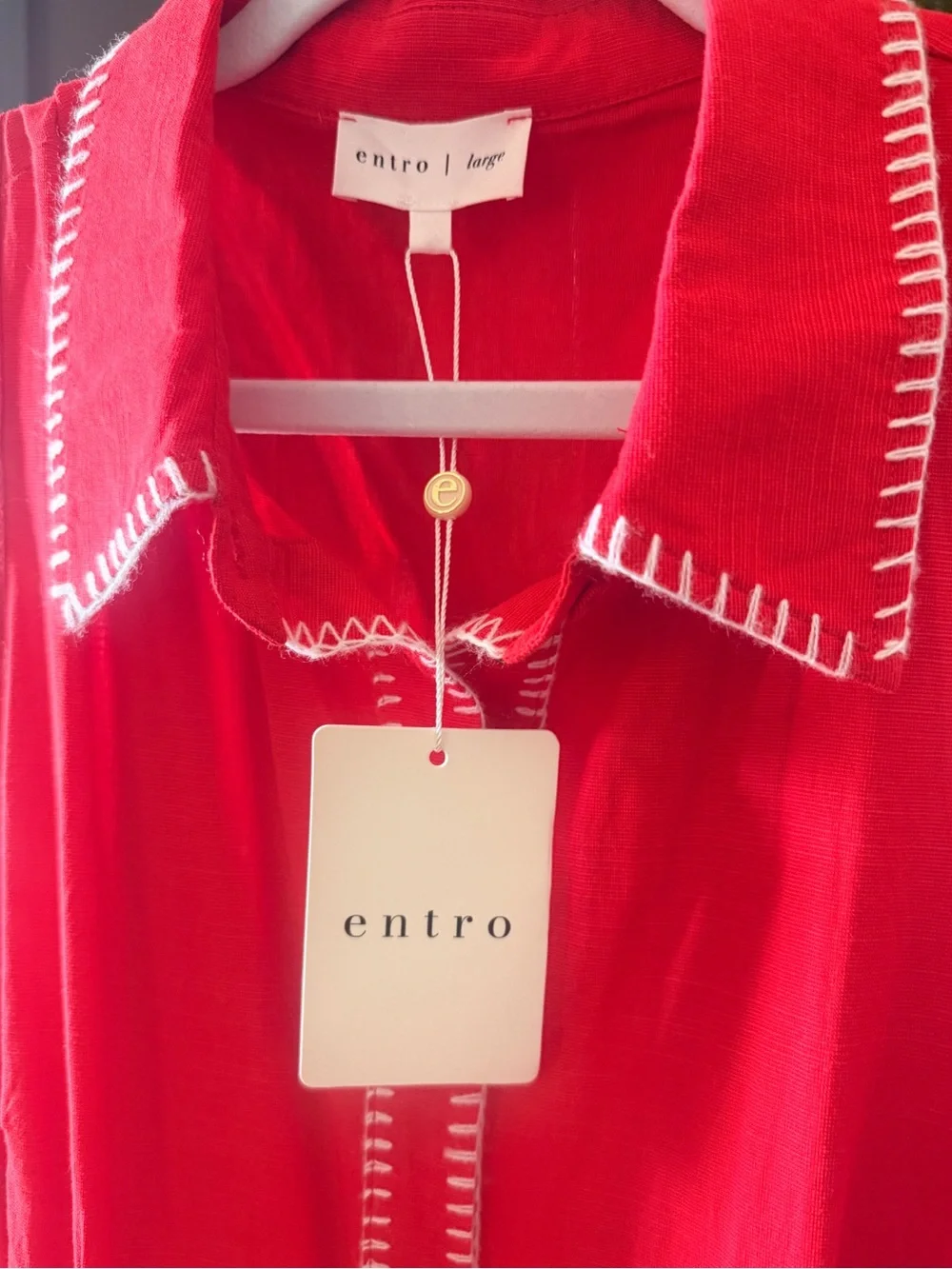 ❤️ NEW Sleeveless Button Down Belted Contrast Stitch Mini Dress Red ~ Large - Picture 4 of 5
